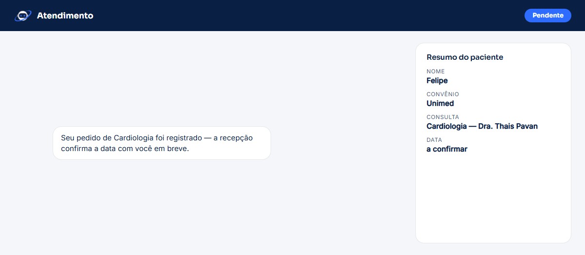 Painel mostrando um agendamento pendente, com status e convênio organizados, aguardando confirmação de data